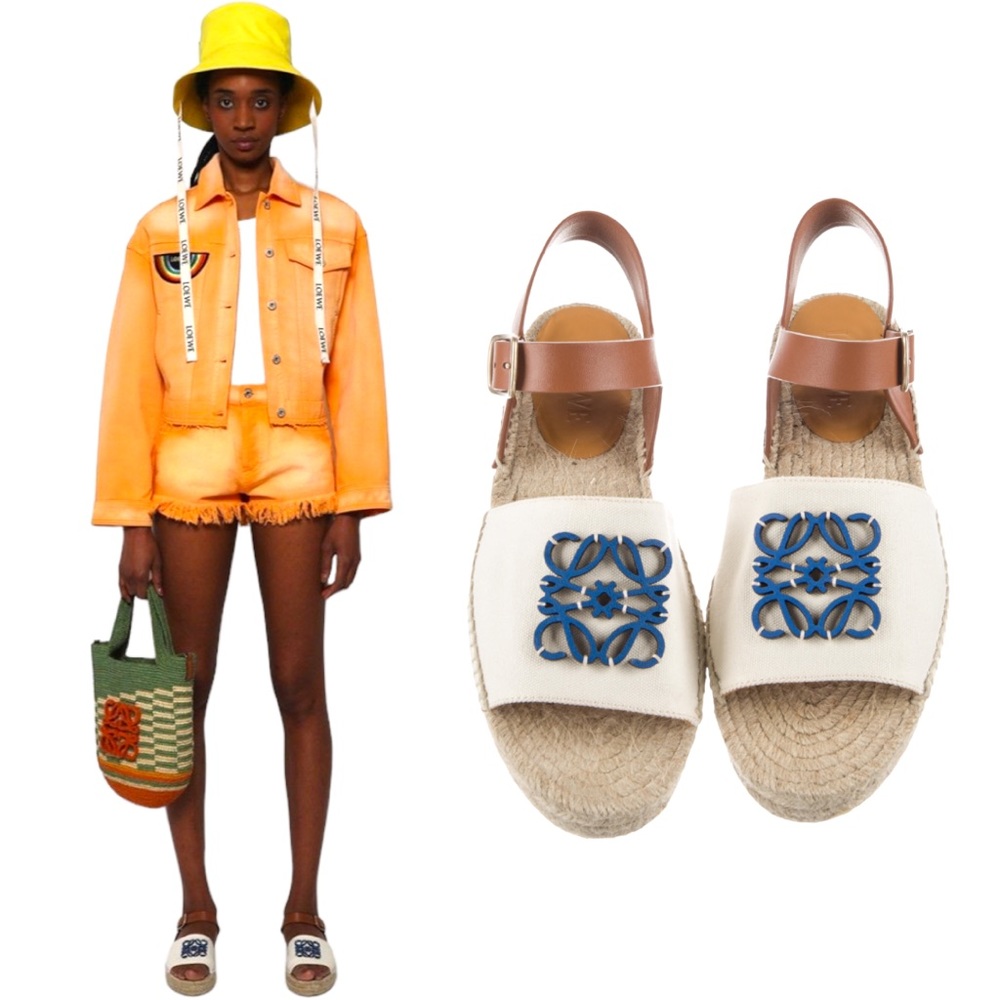 Loewe White & Blue Leather Espadrille Sandals with Tan Ankle Strap